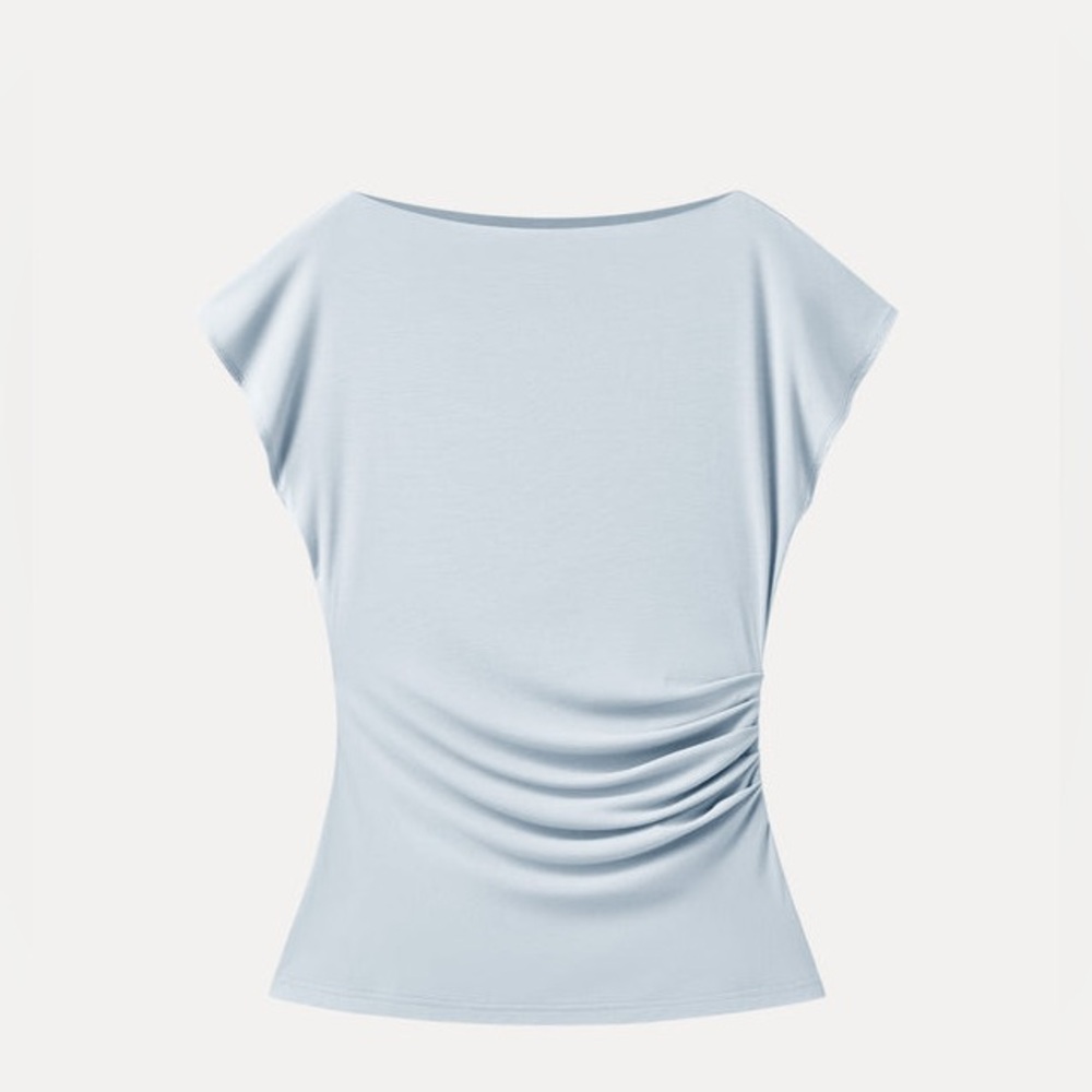 Eco-SkinKiss®Boatneck Flutter Sleeve Side Tucked Long Tee Sky Glass Size M